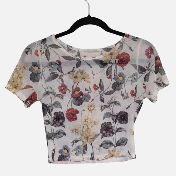 Love Culture 90s Y2K Floral Mesh Crop Top Womens Medium Boho Fairy Short Sheer - Picture 1 of 8